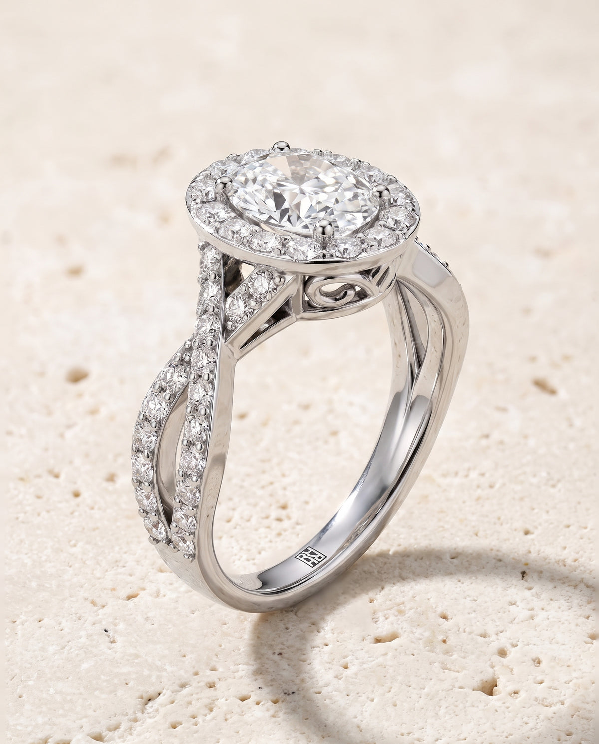 The Melody Twisted Lattice Halo Oval Engagement Ring Setting in Platinum
