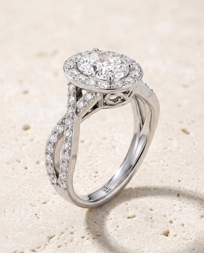 The Melody Twisted Lattice Halo Oval Engagement Ring Setting in Platinum