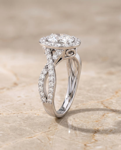 The Melody Twisted Lattice Halo Oval Engagement Ring Setting in Platinum