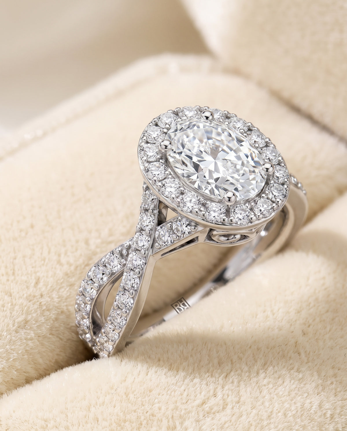 The Melody Twisted Lattice Halo Oval Engagement Ring Setting in Platinum