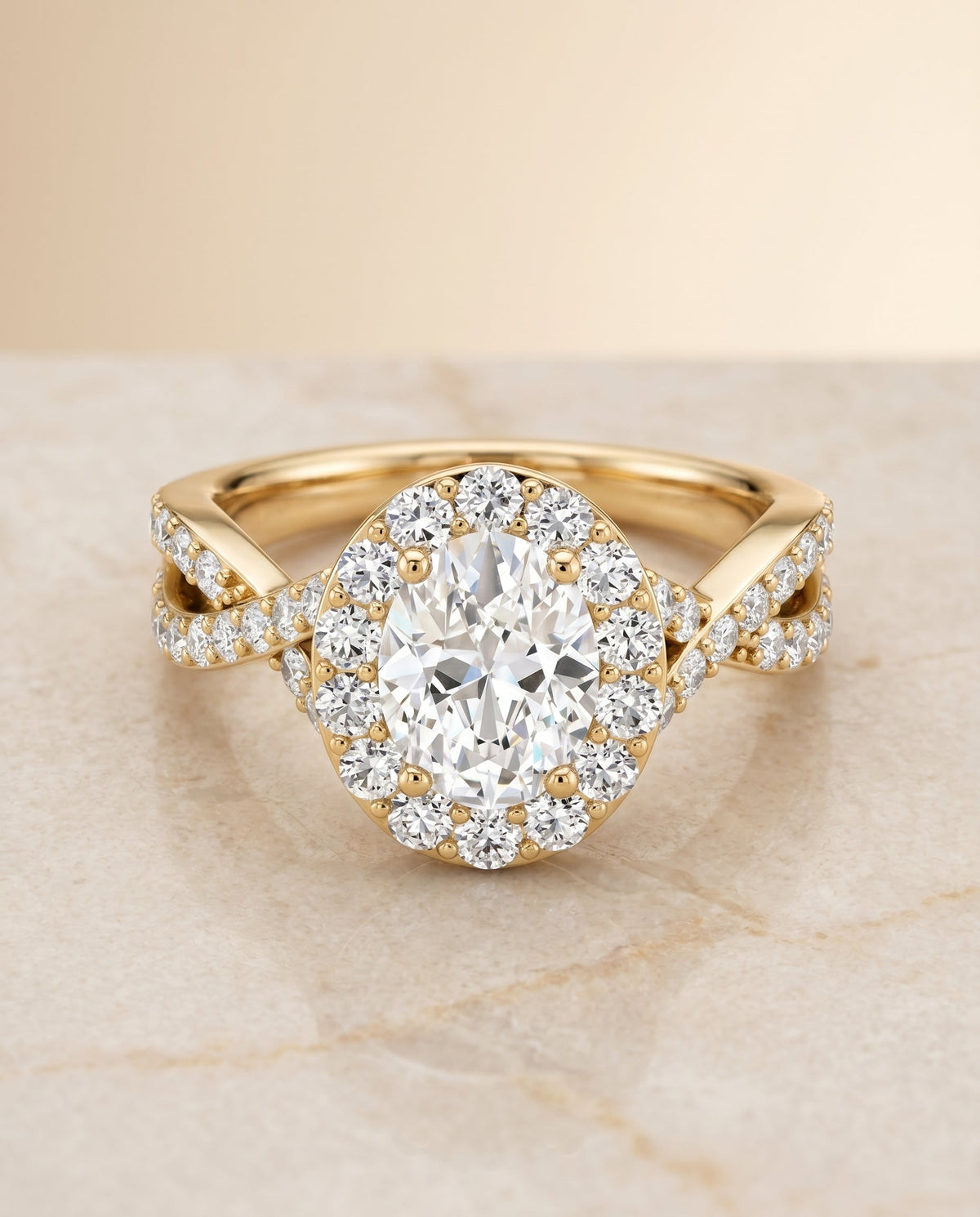Melody Select Twisted Lattice Halo Oval Lab Diamond Engagement Ring in 18K Yellow Gold, alternate angle | RockHer