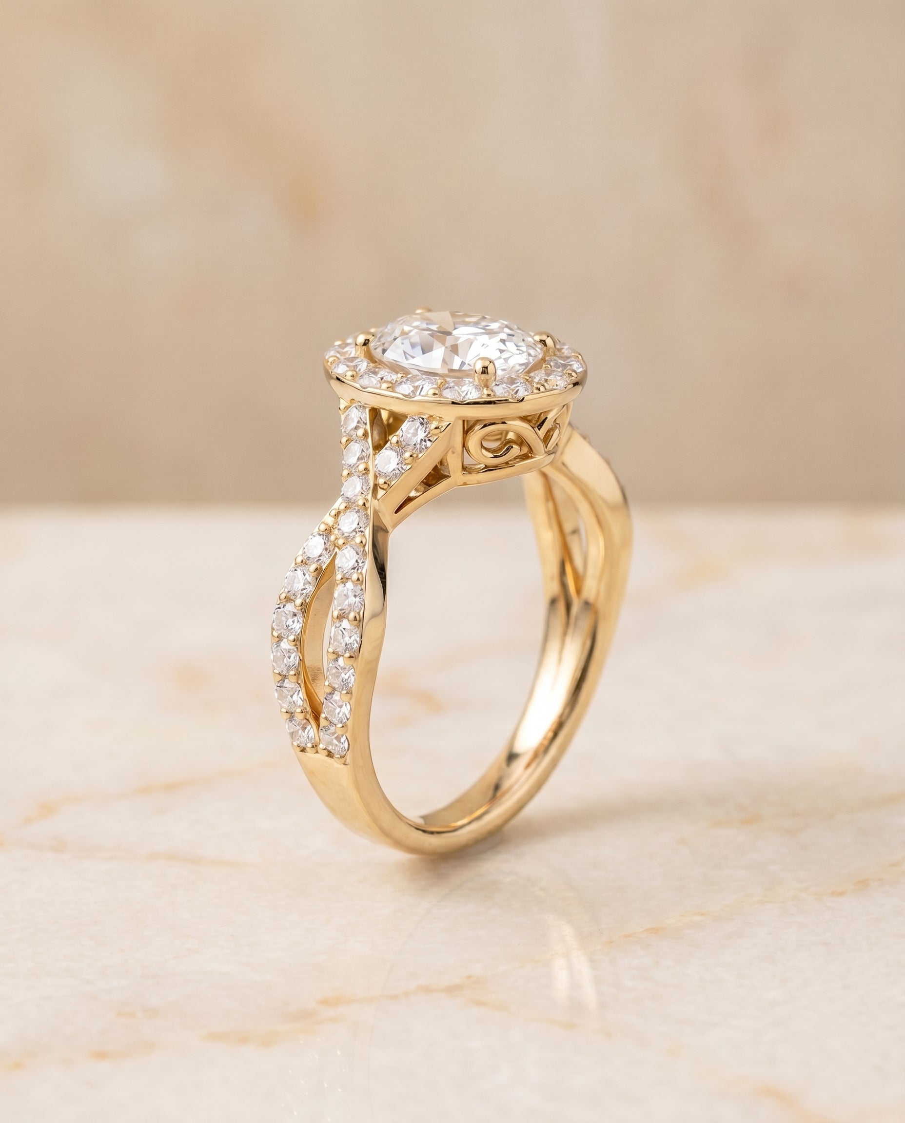 Melody Select Twisted Lattice Halo Oval Lab Diamond Engagement Ring in 18K Yellow Gold, front view | RockHer