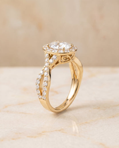 Melody Select Twisted Lattice Halo Oval Lab Diamond Engagement Ring in 18K Yellow Gold, front view | RockHer