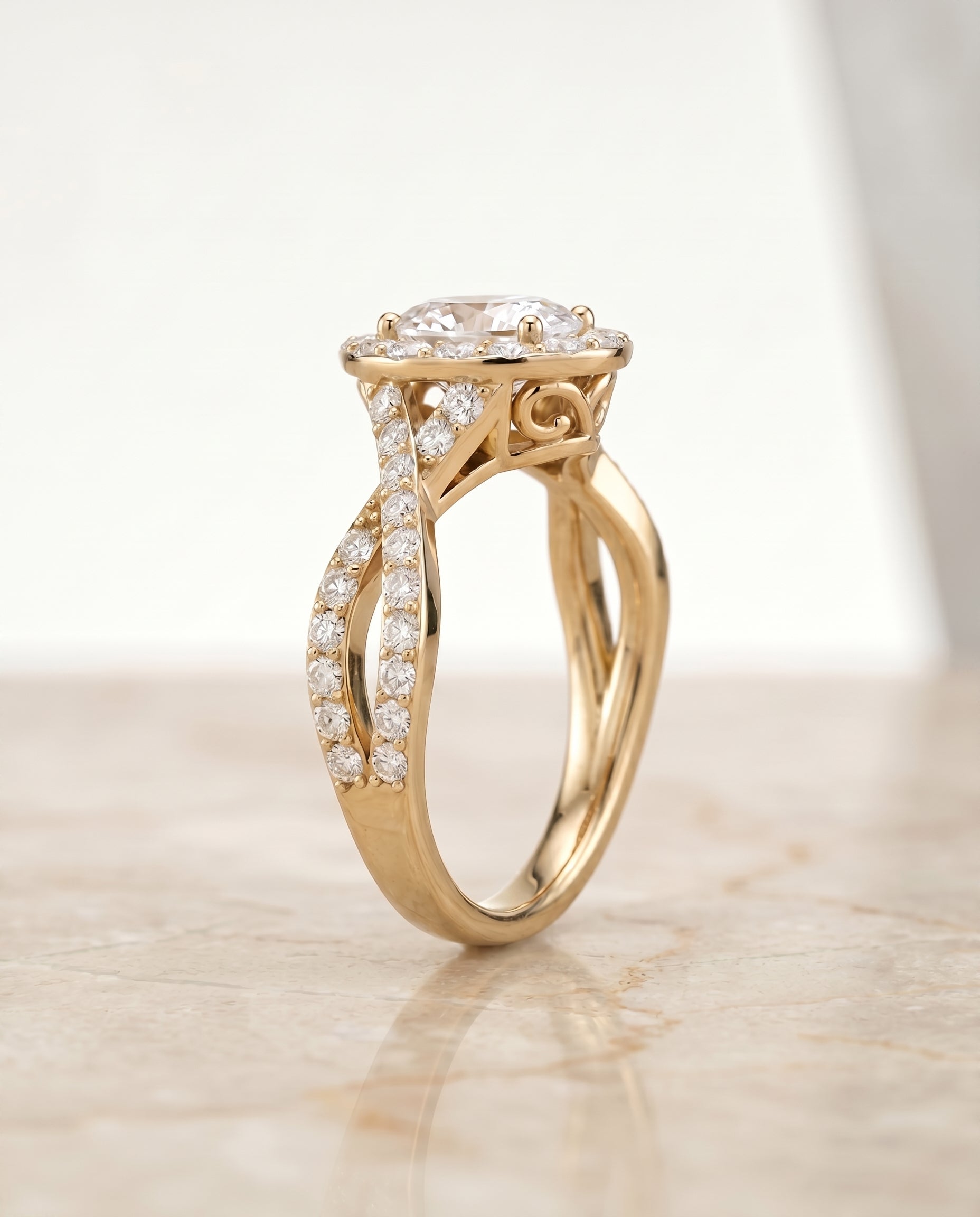 Melody Select Twisted Lattice Halo Oval Lab Diamond Engagement Ring in 18K Yellow Gold, side view | RockHer