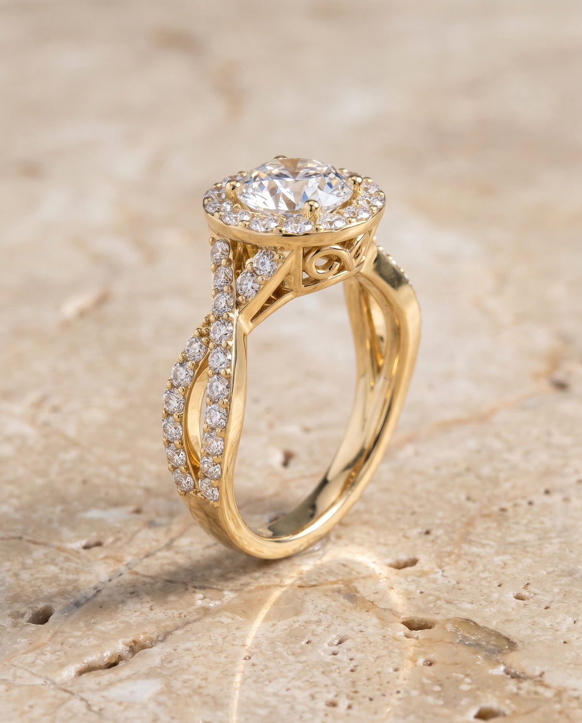 The Melody Twisted Lattice Halo Round Engagement Ring Setting in 18K Yellow Gold