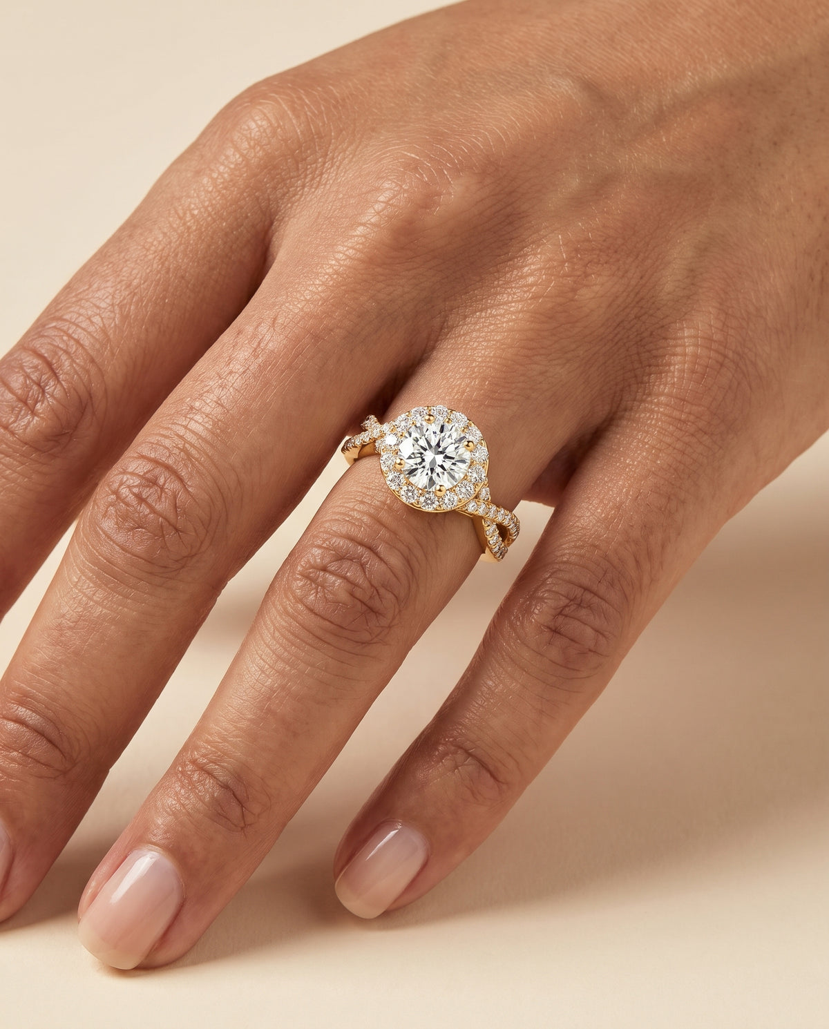 The Melody Twisted Lattice Halo Round Engagement Ring Setting in 18K Yellow Gold