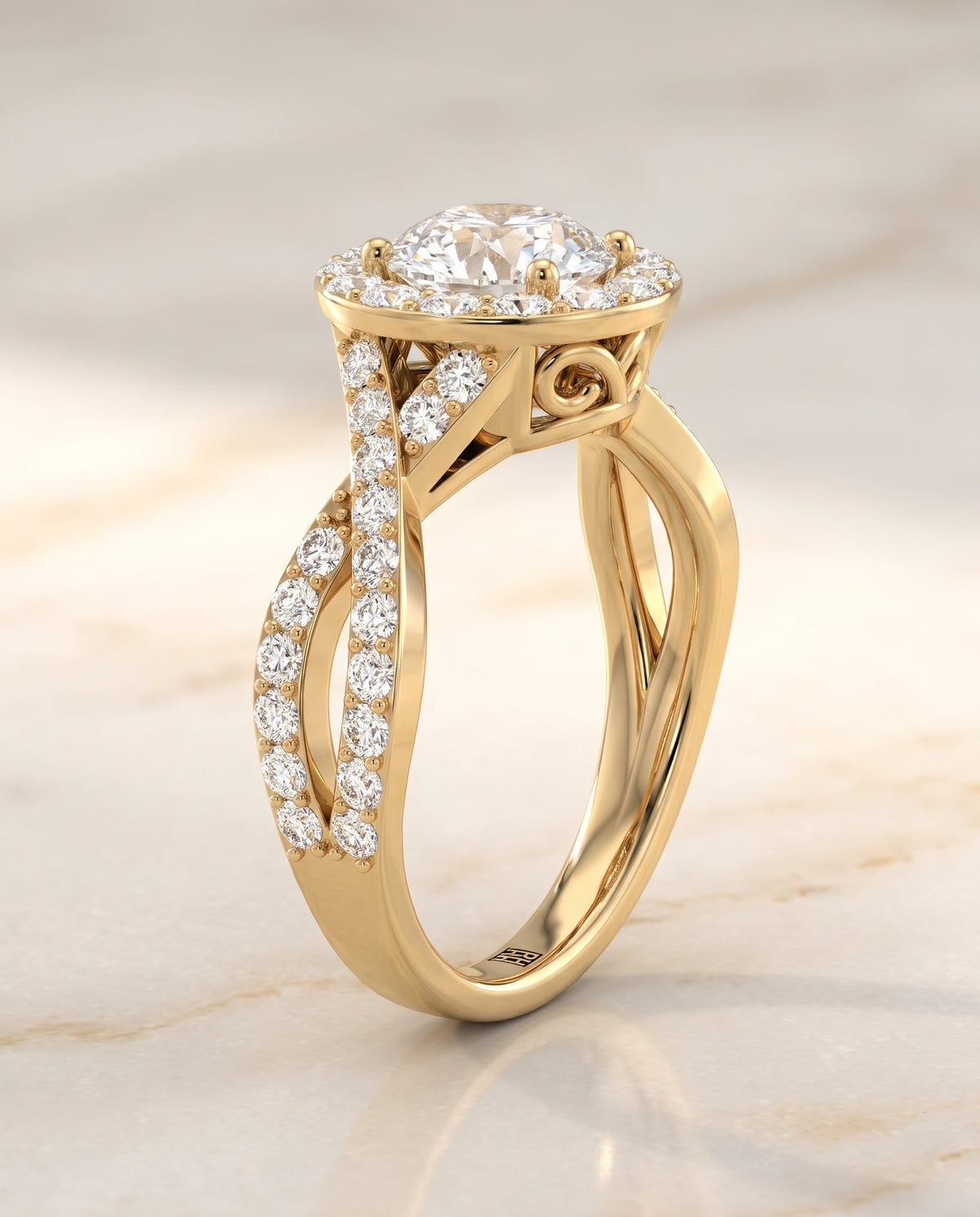 The Melody Twisted Lattice Halo Round Engagement Ring Setting in 18K Yellow Gold