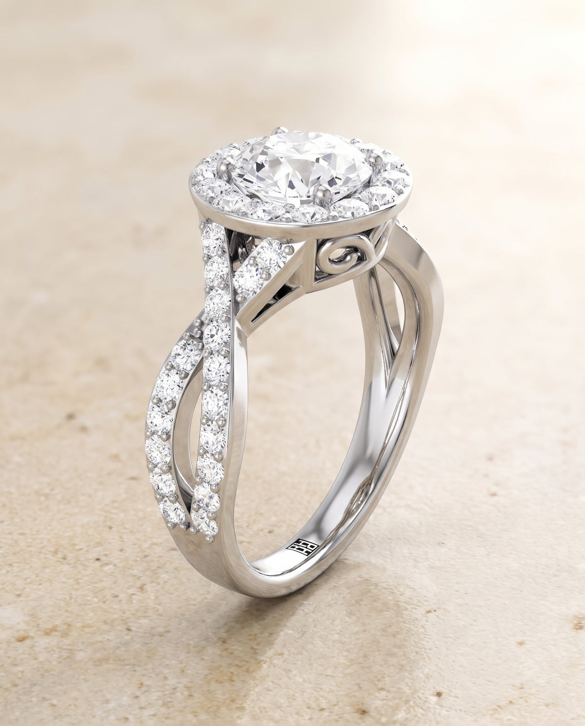The Melody Twisted Lattice Halo Round Engagement Ring Setting in 18K White Gold