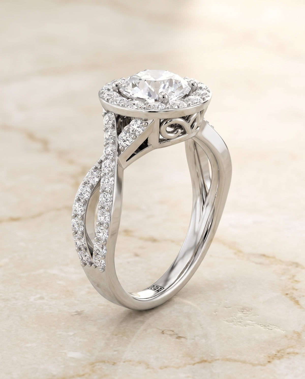 The Melody Twisted Lattice Halo Round Engagement Ring Setting in 18K White Gold