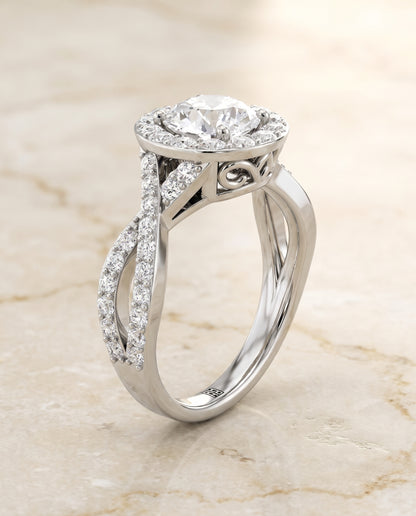 The Melody Twisted Lattice Halo Round Engagement Ring Setting in 18K White Gold