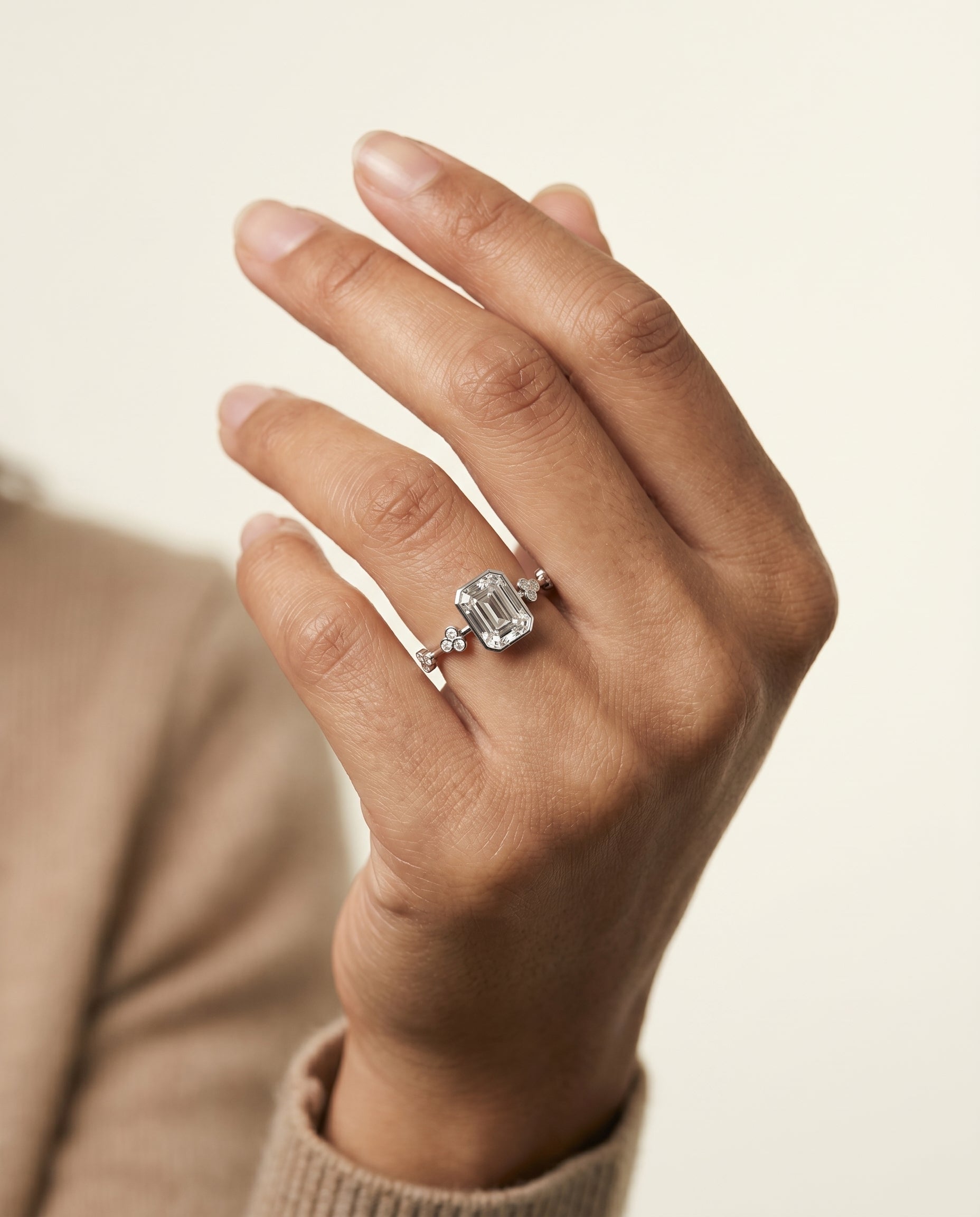 The Miley engagement ring setting in Platinum, clover bezel accent solitaire cut design | RockHer