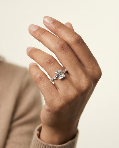 The Miley Clover Bezel Accent Solitaire Emerald Cut Engagement Ring Setting in Platinum