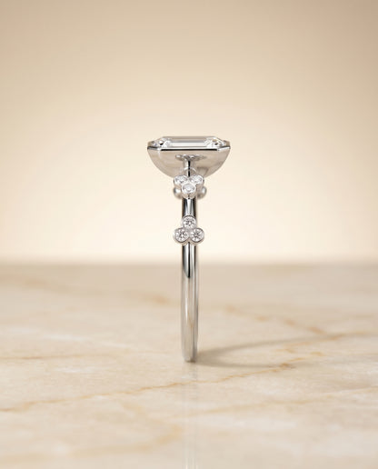 The Miley Clover Bezel Accent Solitaire Emerald Cut Engagement Ring Setting in Platinum
