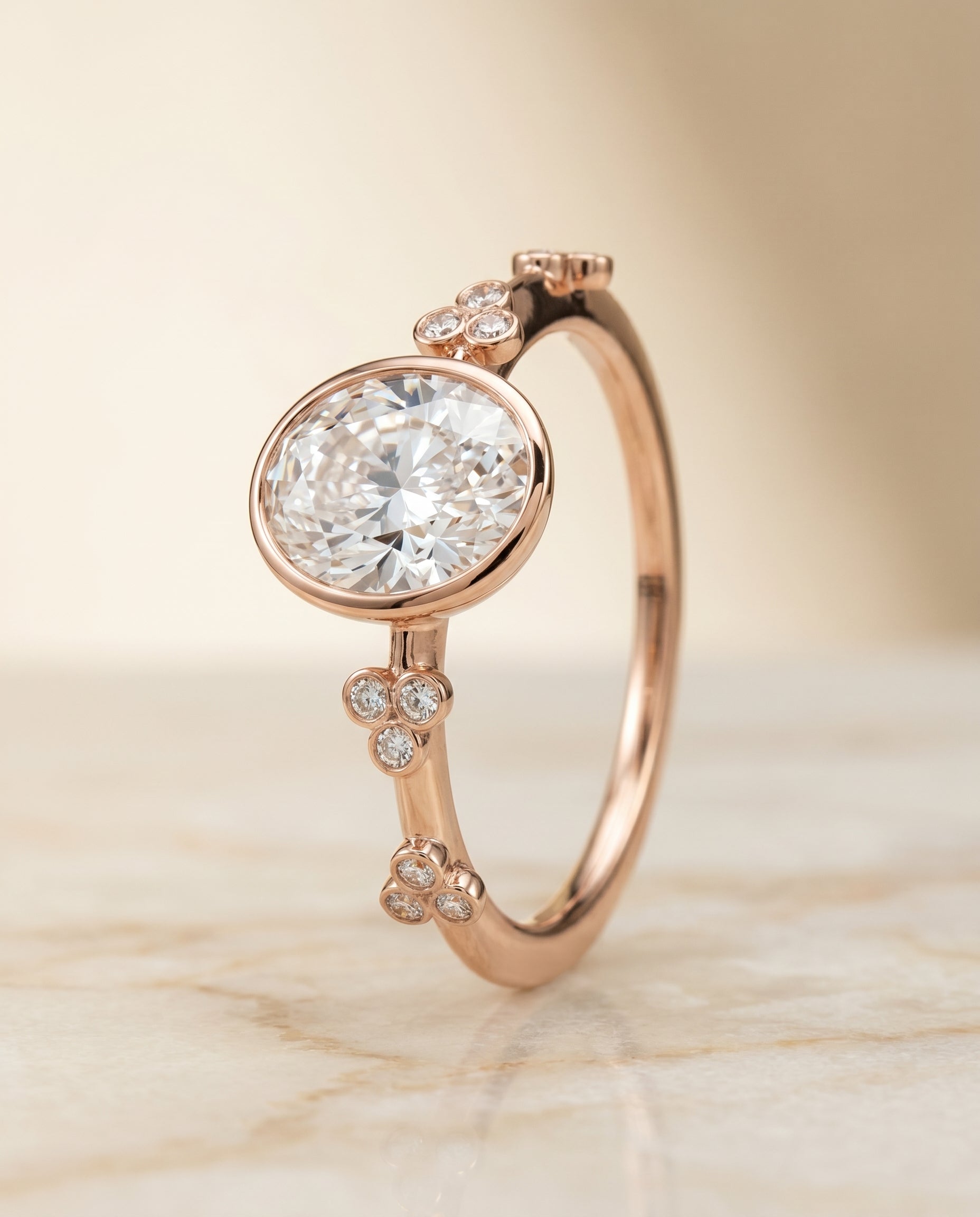 Clover Bezel Accent Solitaire styling on The Miley oval engagement ring setting | RockHer