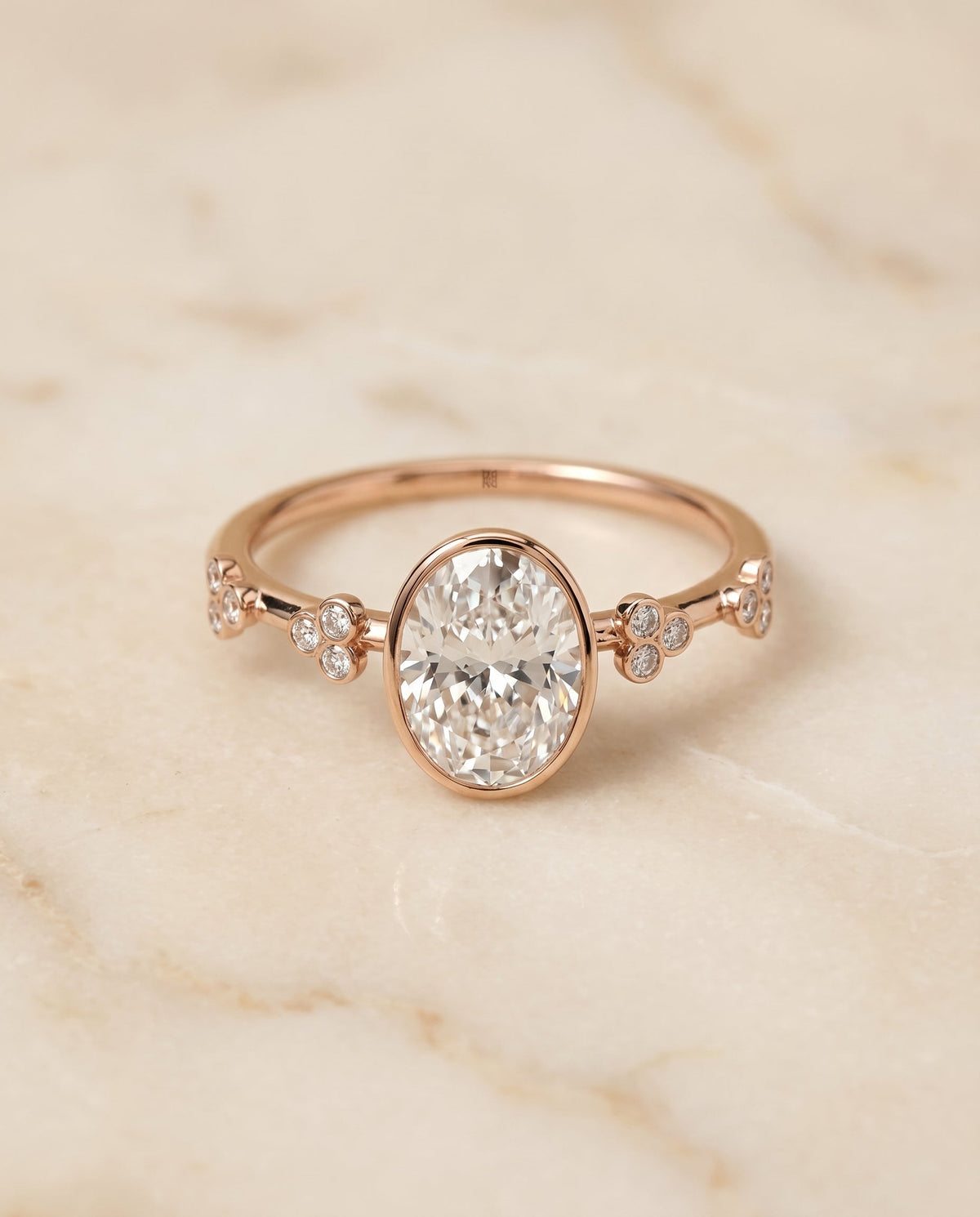 Miley Select Solitaire Oval Lab Diamond Engagement Ring in 14K Rose Gold, shown on hand, angled | RockHer