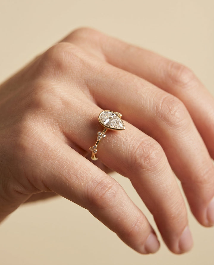 Miley Select Solitaire Princess Cut Lab Diamond Engagement Ring in 18K Yellow Gold, shown on hand | RockHer