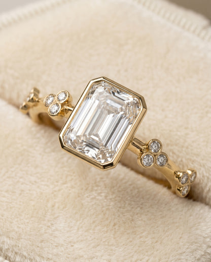 The Miley Clover Bezel Accent Solitaire Radiant Cut Engagement Ring Setting in 18K Yellow Gold