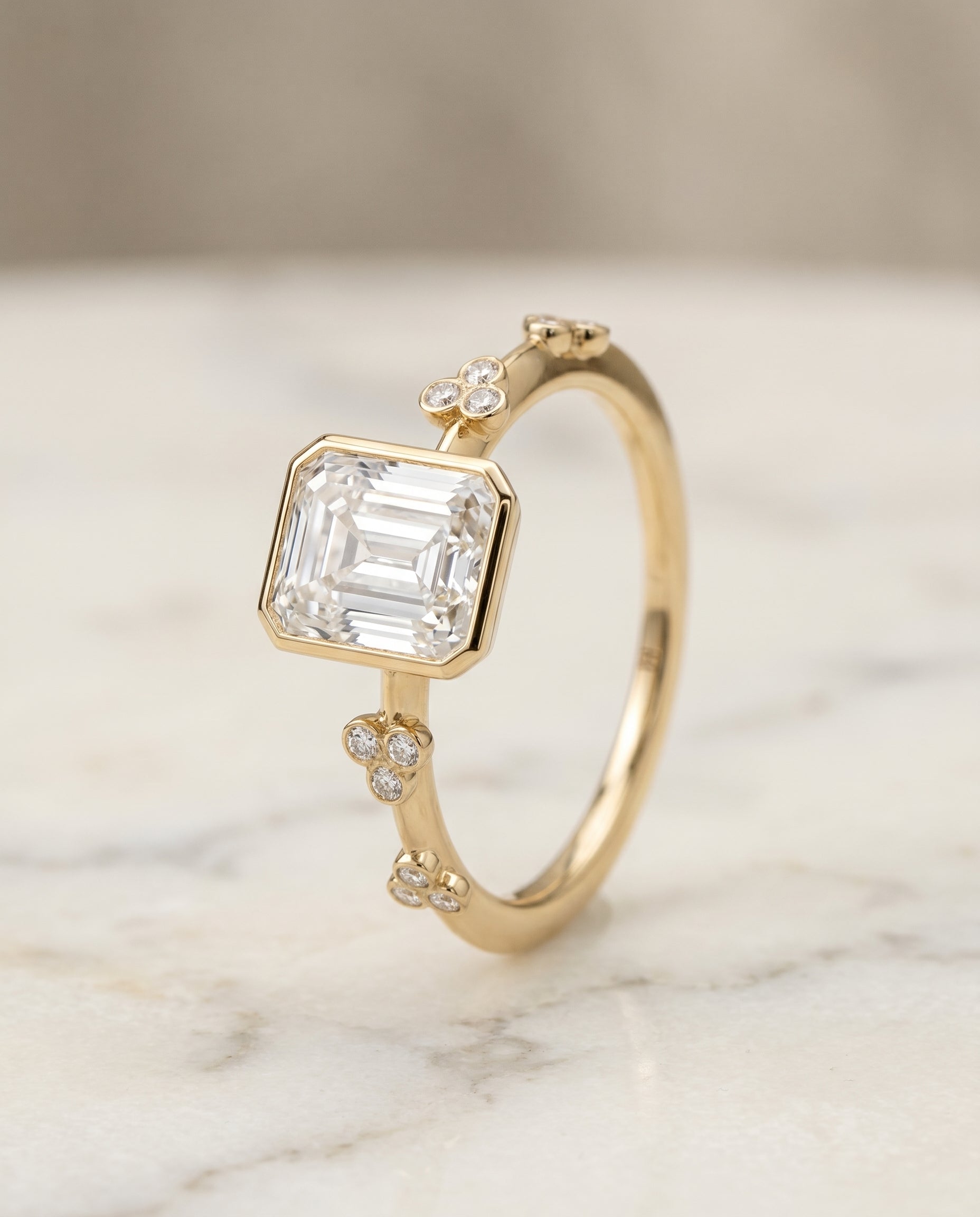 Clover Bezel Accent Solitaire Cut styling on The Miley radiant engagement ring setting | RockHer