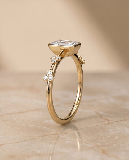 The Miley Clover Bezel Accent Solitaire Radiant Cut Engagement Ring Setting in 18K Yellow Gold