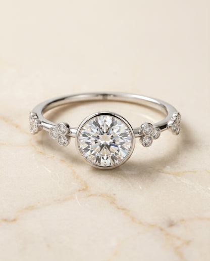 The Miley Clover Bezel Accent Solitaire Round Engagement Ring Setting in Platinum