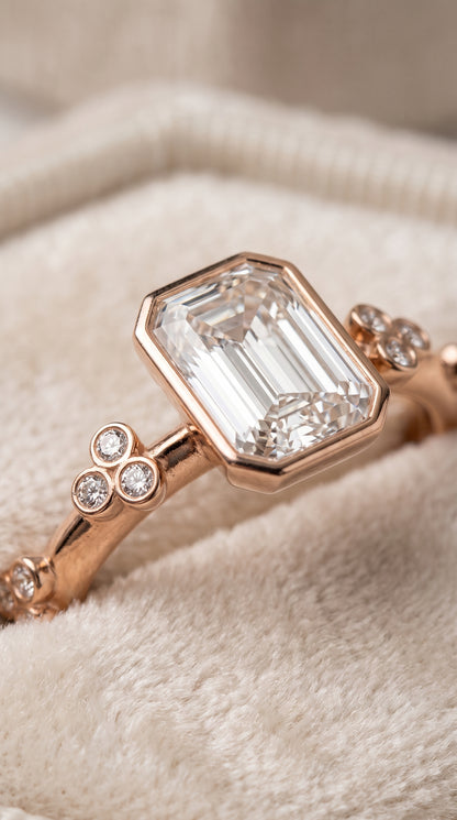 The Miley Clover Bezel Accent Solitaire Emerald Cut Engagement Ring Setting in 14K Rose Gold