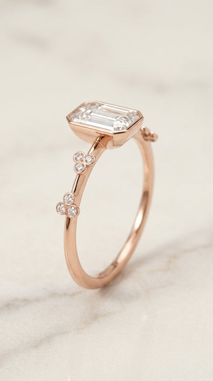 The Miley Clover Bezel Accent Solitaire Emerald Cut Engagement Ring Setting in 14K Rose Gold