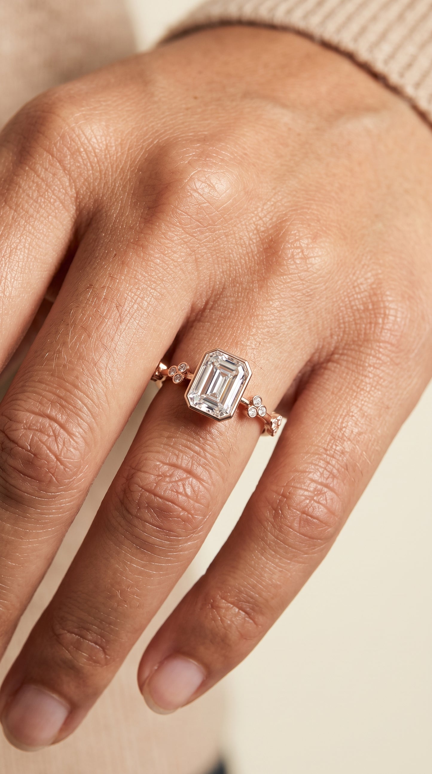 The Miley Clover Bezel Accent Solitaire Emerald Cut Engagement Ring Setting in 14K Rose Gold