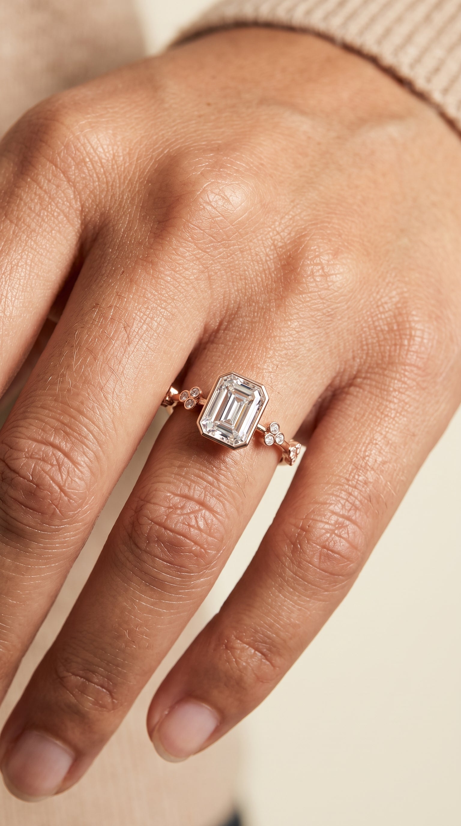 The Miley engagement ring setting in 14K Rose Gold, clover bezel accent solitaire cut design | RockHer