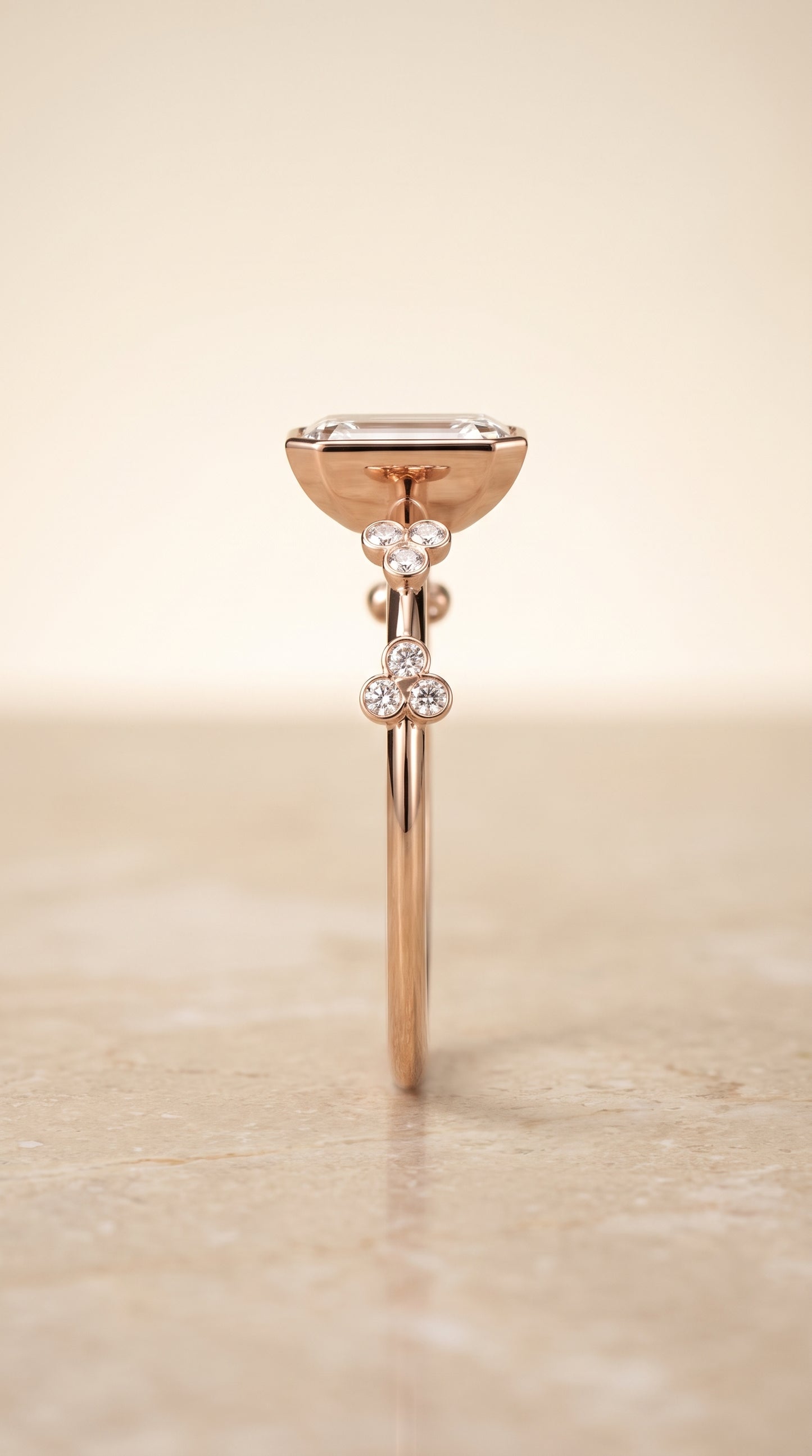 The Miley Clover Bezel Accent Solitaire Emerald Cut Engagement Ring Setting in 14K Rose Gold