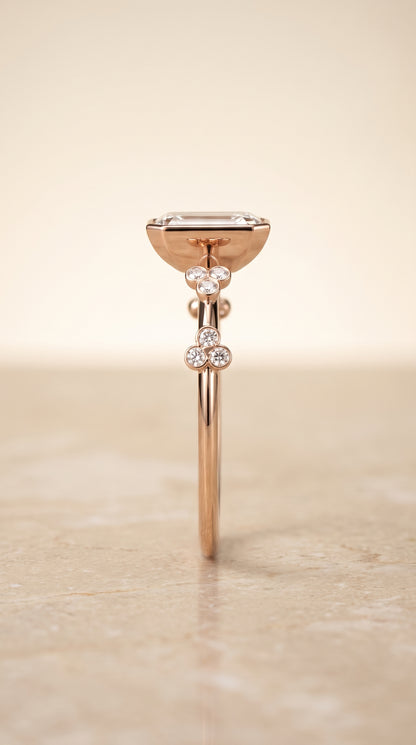 The Miley Clover Bezel Accent Solitaire Emerald Cut Engagement Ring Setting in 14K Rose Gold
