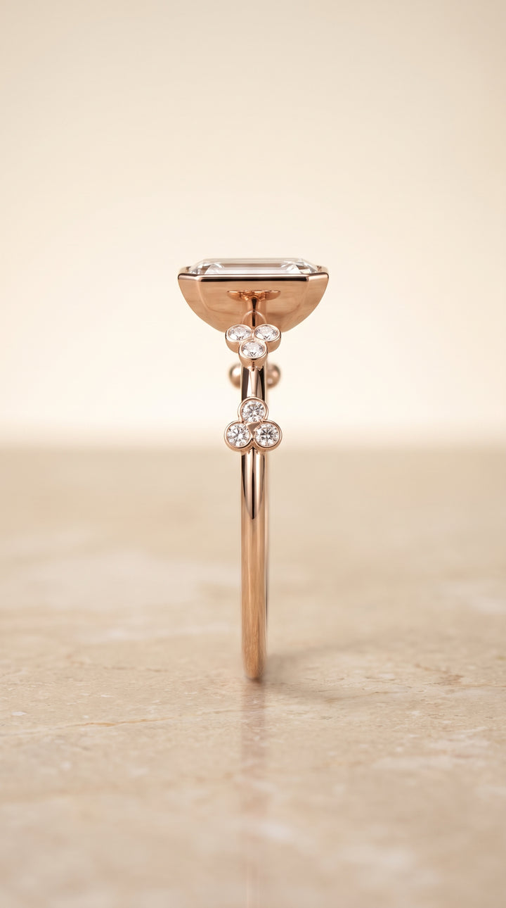 The Miley Clover Bezel Accent Solitaire Emerald Cut Engagement Ring Setting in 14K Rose Gold