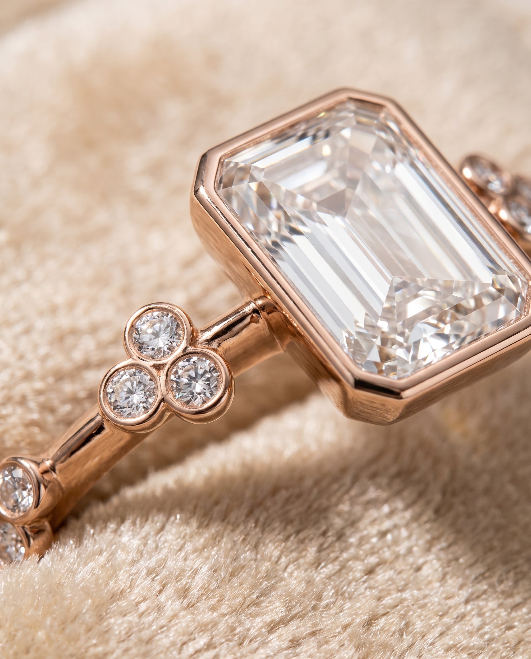 The Miley Clover Bezel Accent Solitaire Radiant Cut Engagement Ring Setting in 14K Rose Gold