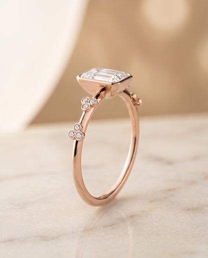 The Miley Clover Bezel Accent Solitaire Radiant Cut Engagement Ring Setting in 14K Rose Gold