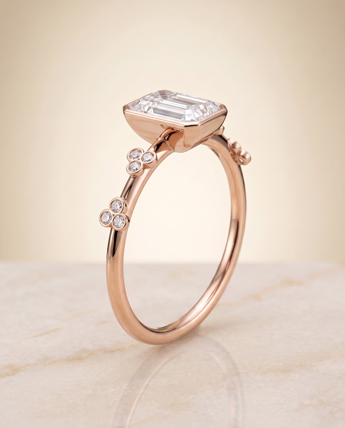 The Miley Clover Bezel Accent Solitaire Radiant Cut Engagement Ring Setting in 14K Rose Gold