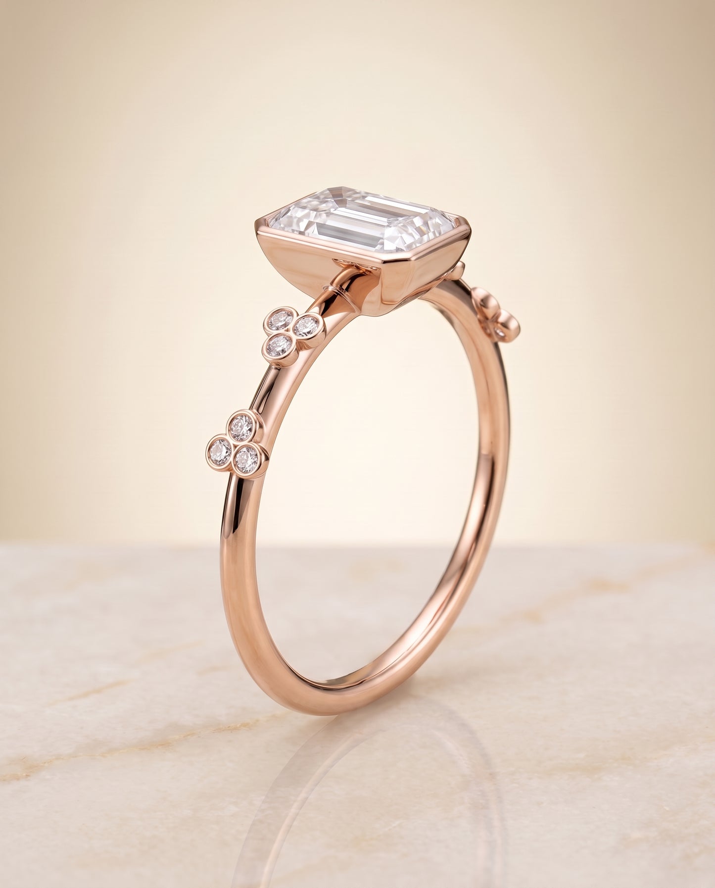 The Miley Clover Bezel Accent Solitaire Radiant Cut Engagement Ring Setting in 14K Rose Gold