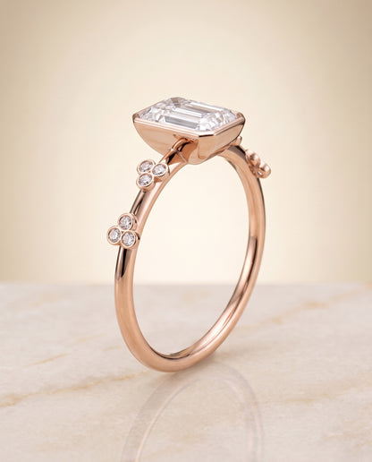 The Miley Clover Bezel Accent Solitaire Radiant Cut Engagement Ring Setting in 14K Rose Gold