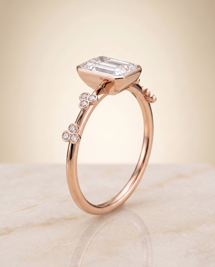The Miley Clover Bezel Accent Solitaire Radiant Cut Engagement Ring Setting in 14K Rose Gold