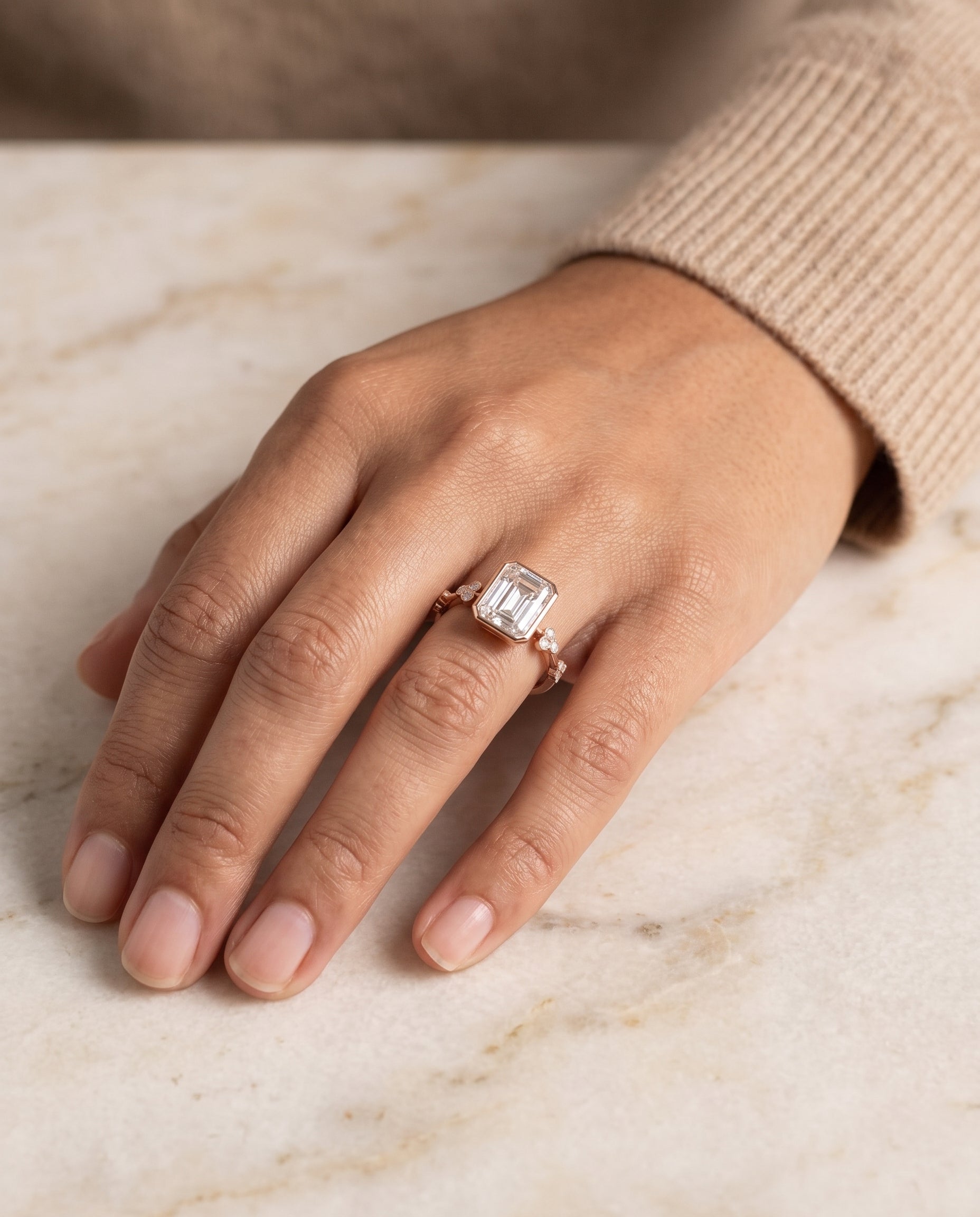 The Miley Clover Bezel Accent Solitaire Radiant Cut Engagement Ring Setting in 14K Rose Gold