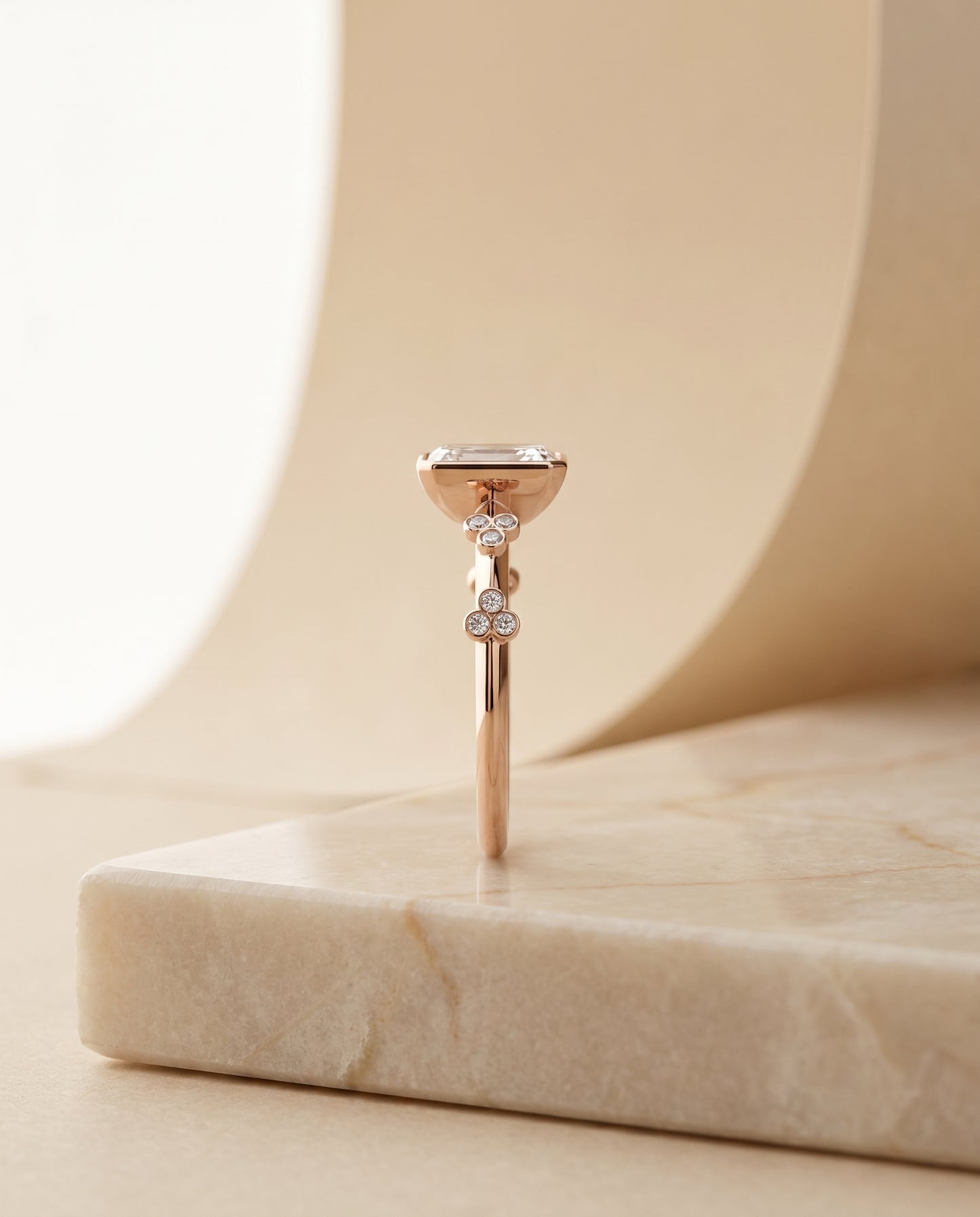 The Miley Clover Bezel Accent Solitaire Radiant Cut Engagement Ring Setting in 14K Rose Gold