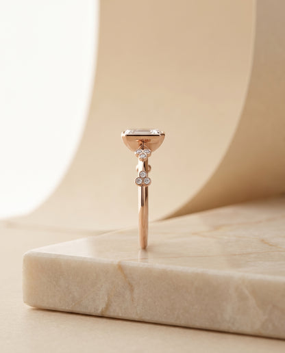 The Miley Clover Bezel Accent Solitaire Radiant Cut Engagement Ring Setting in 14K Rose Gold
