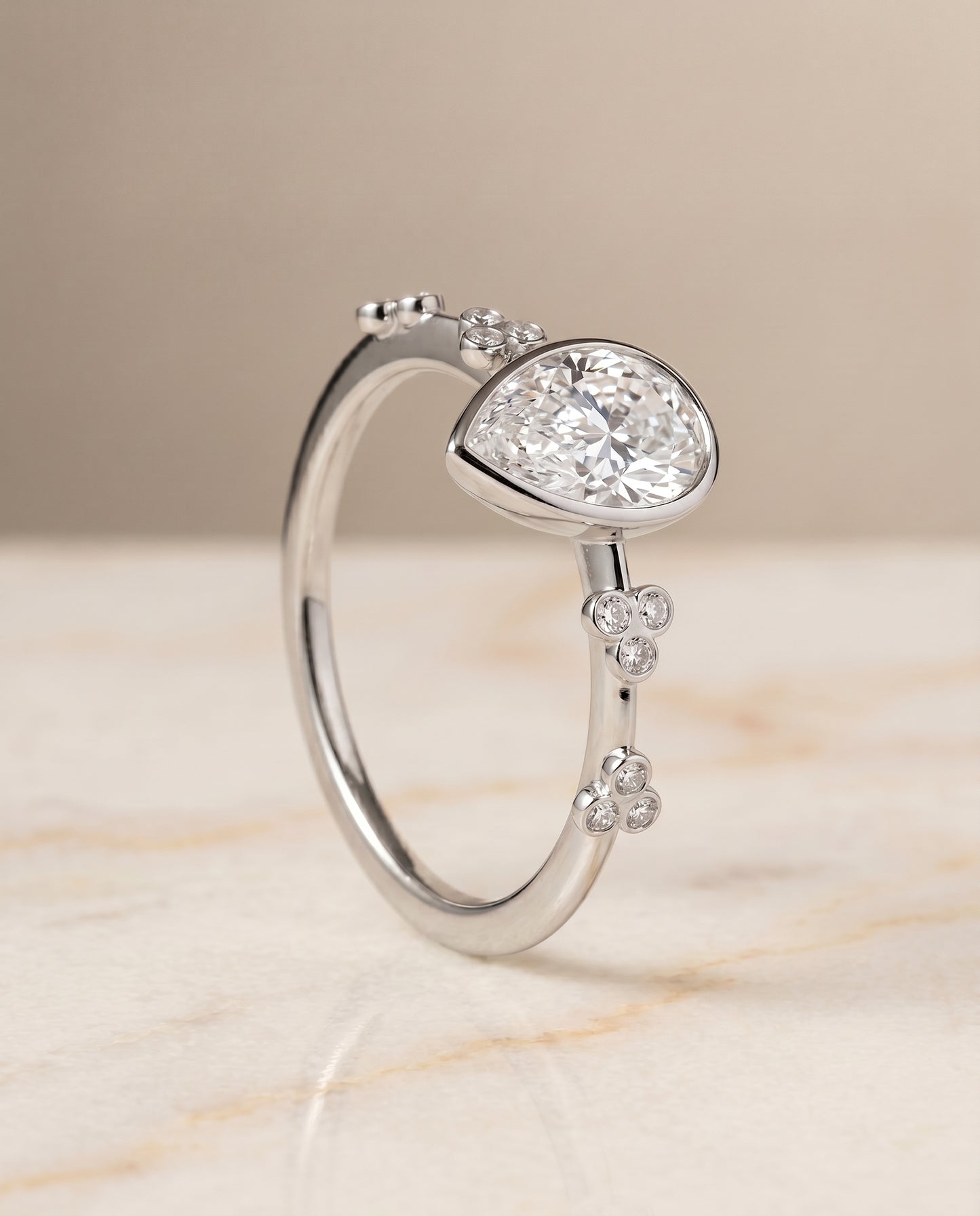 The Miley Clover Bezel Accent Solitaire Princess Cut Engagement Ring Setting in Platinum