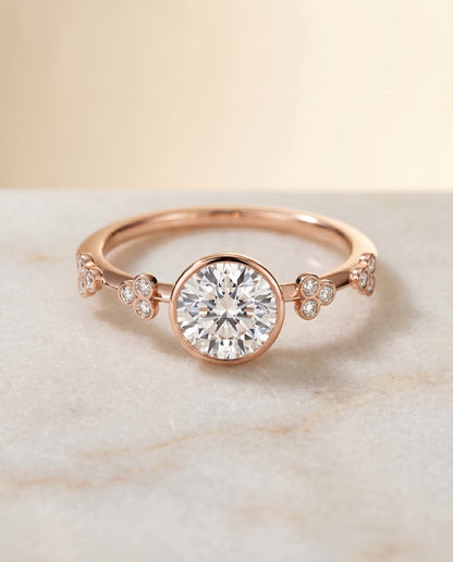 The Miley Clover Bezel Accent Solitaire Round Engagement Ring Setting in 14K Rose Gold