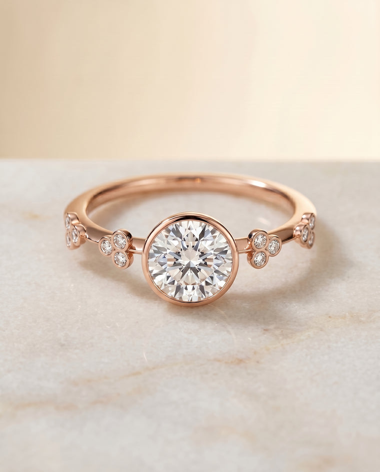 The Miley Clover Bezel Accent Solitaire Round Engagement Ring Setting in 14K Rose Gold
