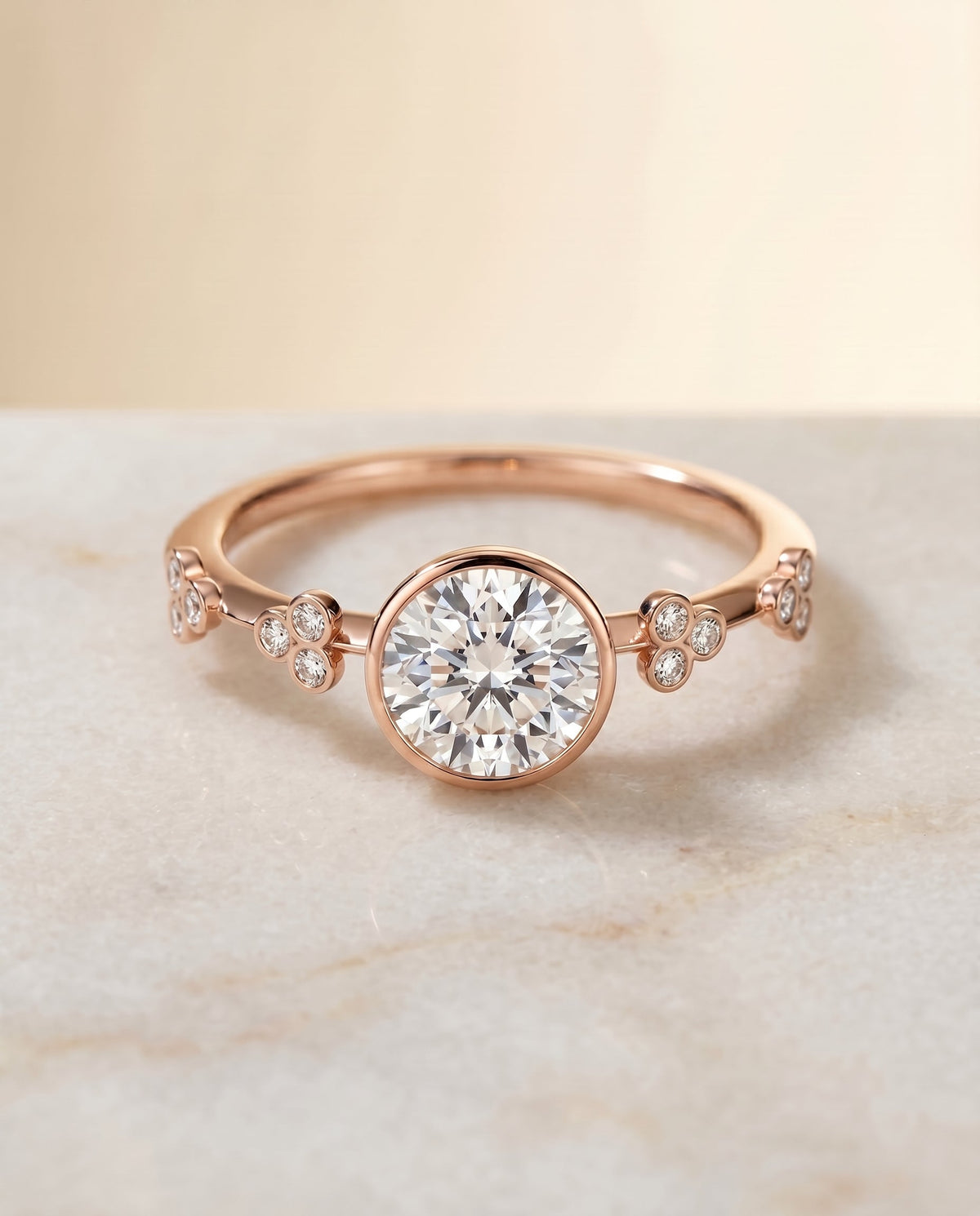 Miley Select Solitaire Round Lab Diamond Engagement Ring in 14K Rose Gold, shown on hand, angled | RockHer