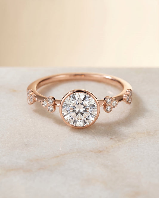 Miley Select Solitaire Round Lab Diamond Engagement Ring in 14K Rose Gold, shown on hand, angled | RockHer