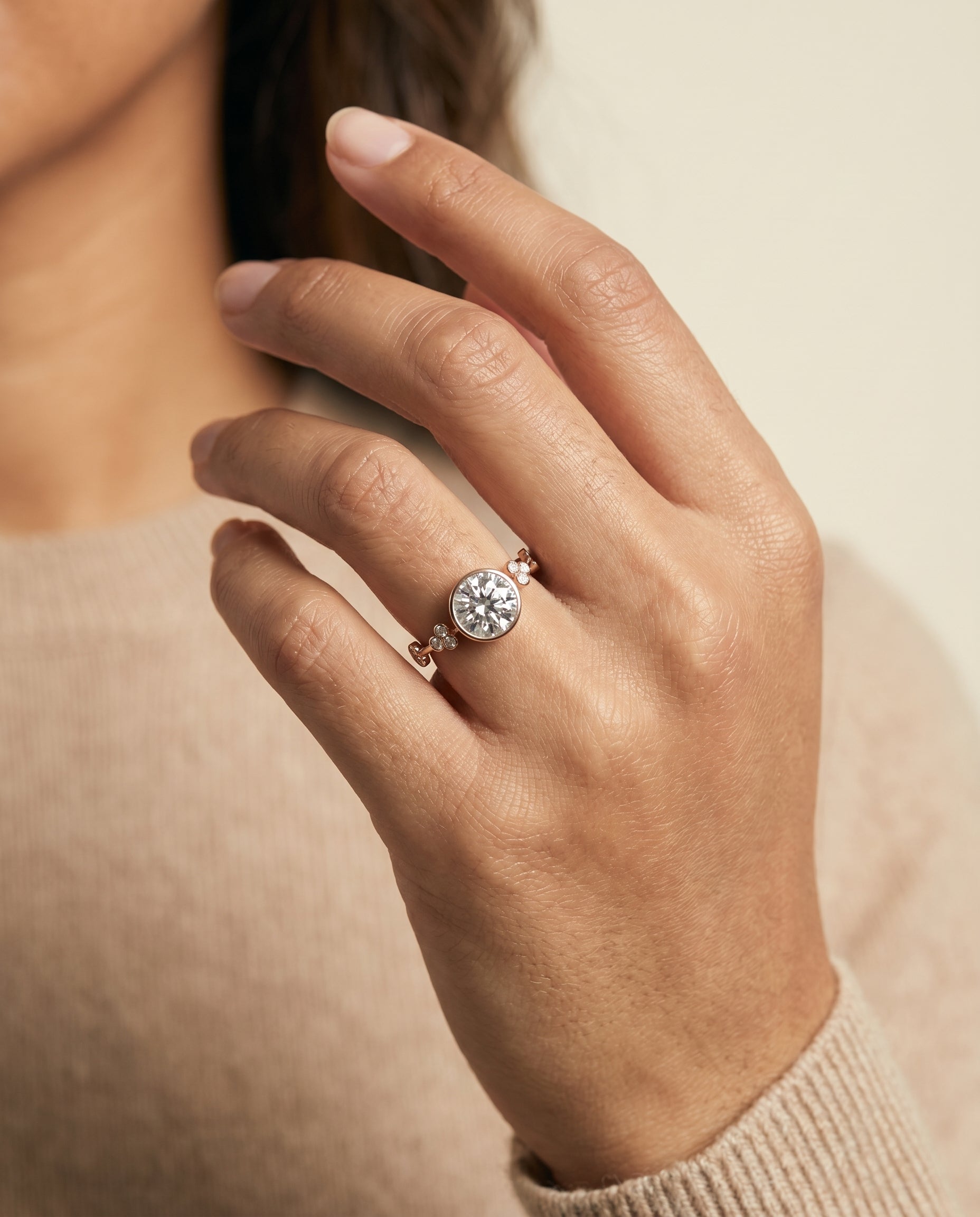 The Miley engagement ring setting in 14K Rose Gold, clover bezel accent solitaire design | RockHer