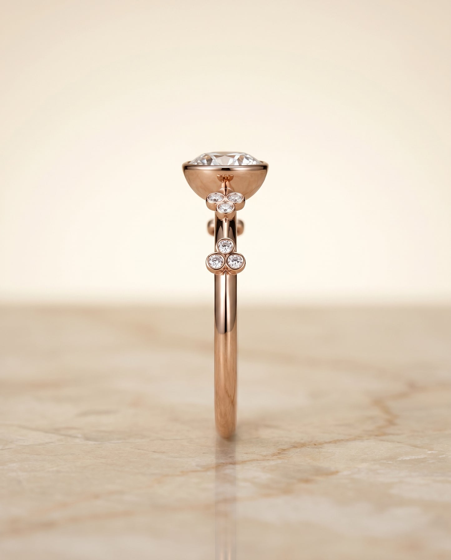 The Miley Clover Bezel Accent Solitaire Round Engagement Ring Setting in 14K Rose Gold