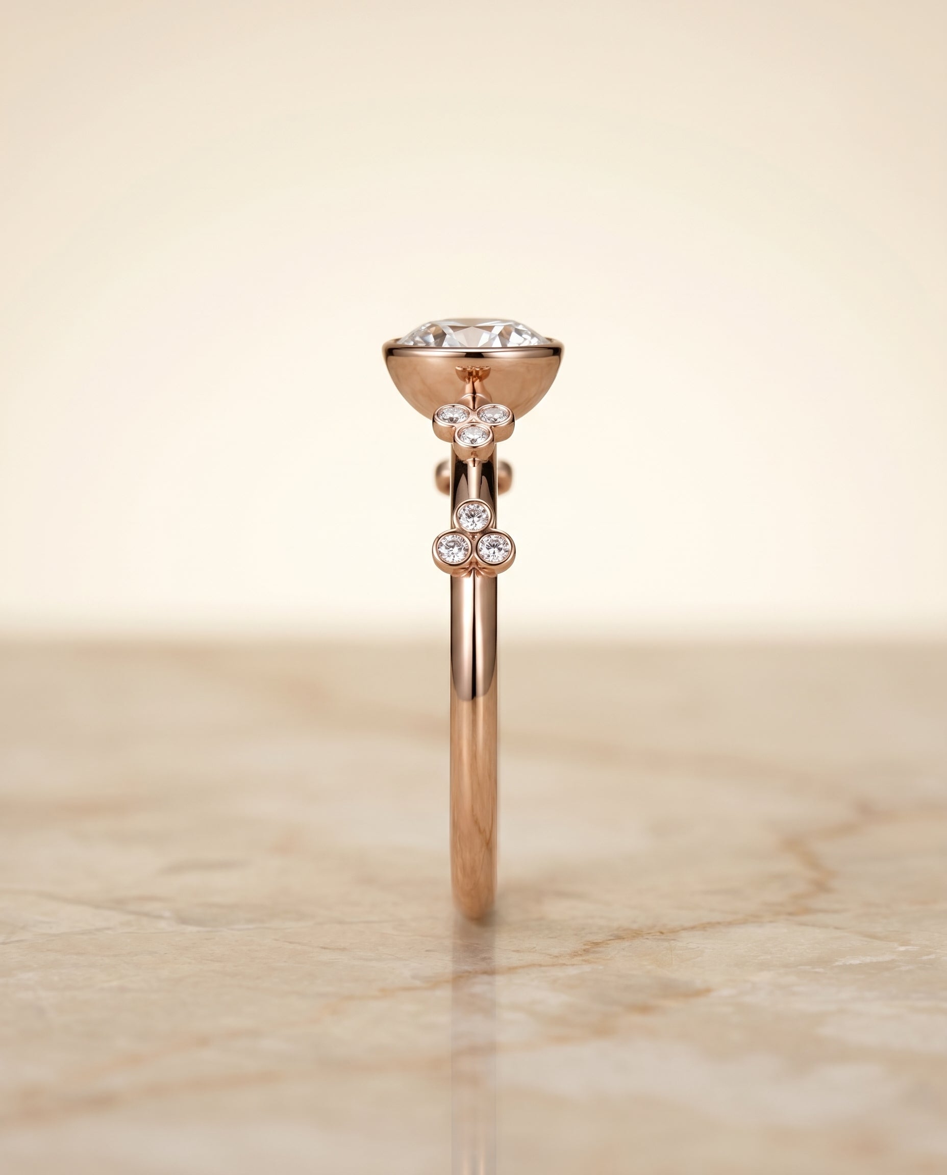 Clover Bezel Accent Solitaire styling on The Miley round engagement ring setting | RockHer