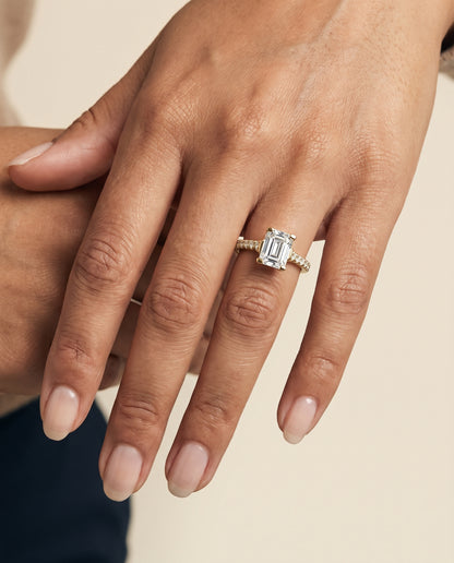 The Mimi Graduated Linear Pavé Emerald Cut Engagement Ring Setting in 18K Yellow Gold