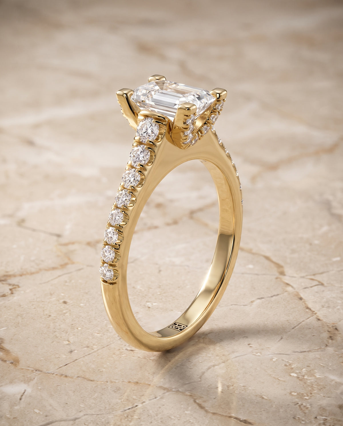 The Mimi Graduated Linear Pavé Emerald Cut Engagement Ring Setting in 18K Yellow Gold